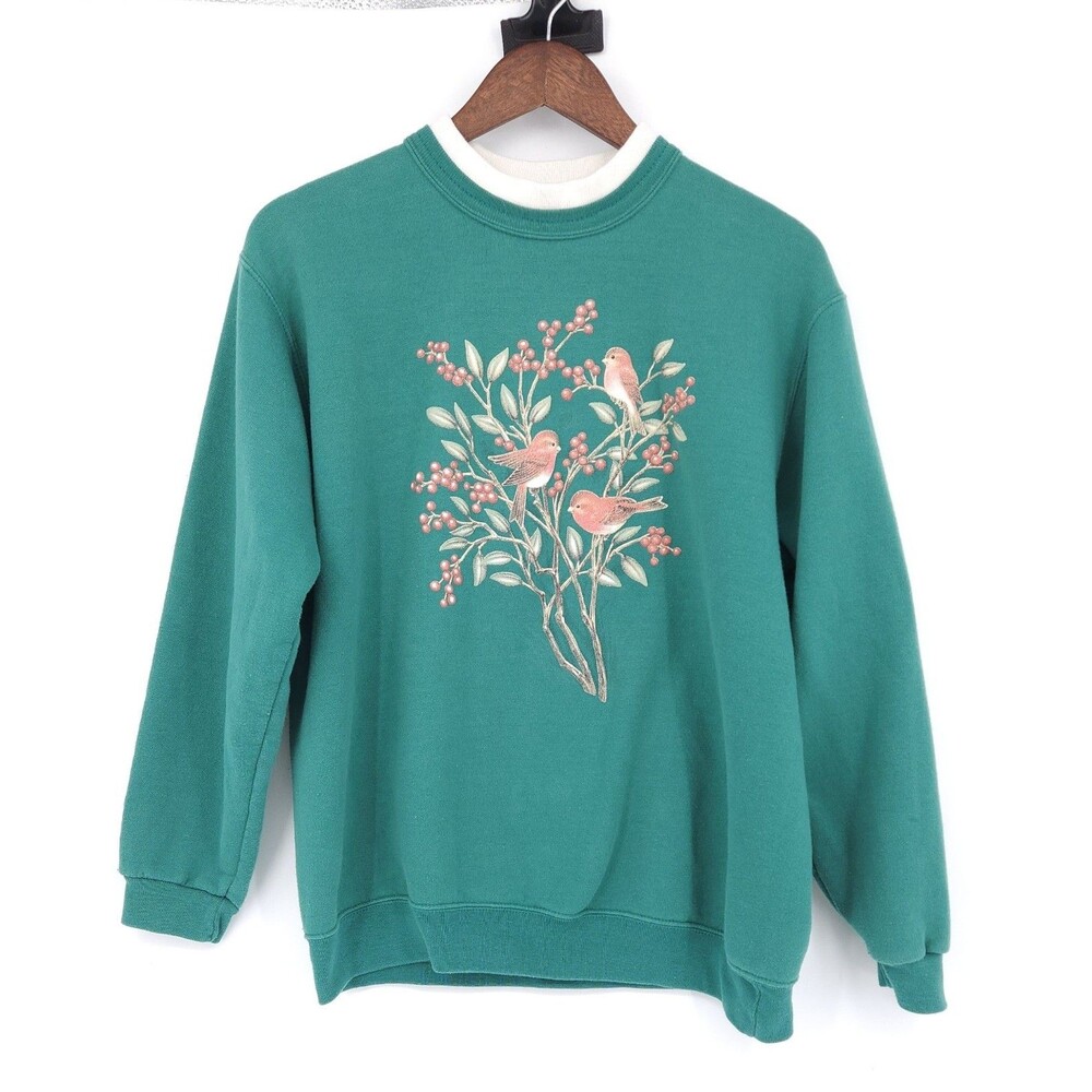Vtg 1990s Winter Birds Pink Berries Double Collar Sweatshirt Green Large